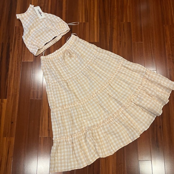 GeeGee Dresses & Skirts - Gingham Skirt Top Set Light Beige Crop Halter Crossback Maxi Tier Cottagecore M